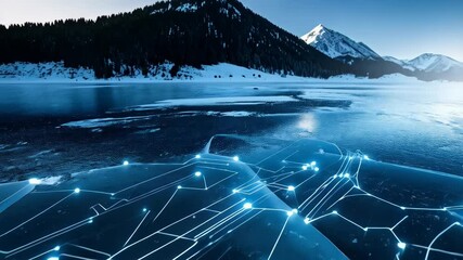 Futuristic technology on glacial ice with glowing circuit board network in winter landscape against mountains and a bright sky background - Powered by Adobe