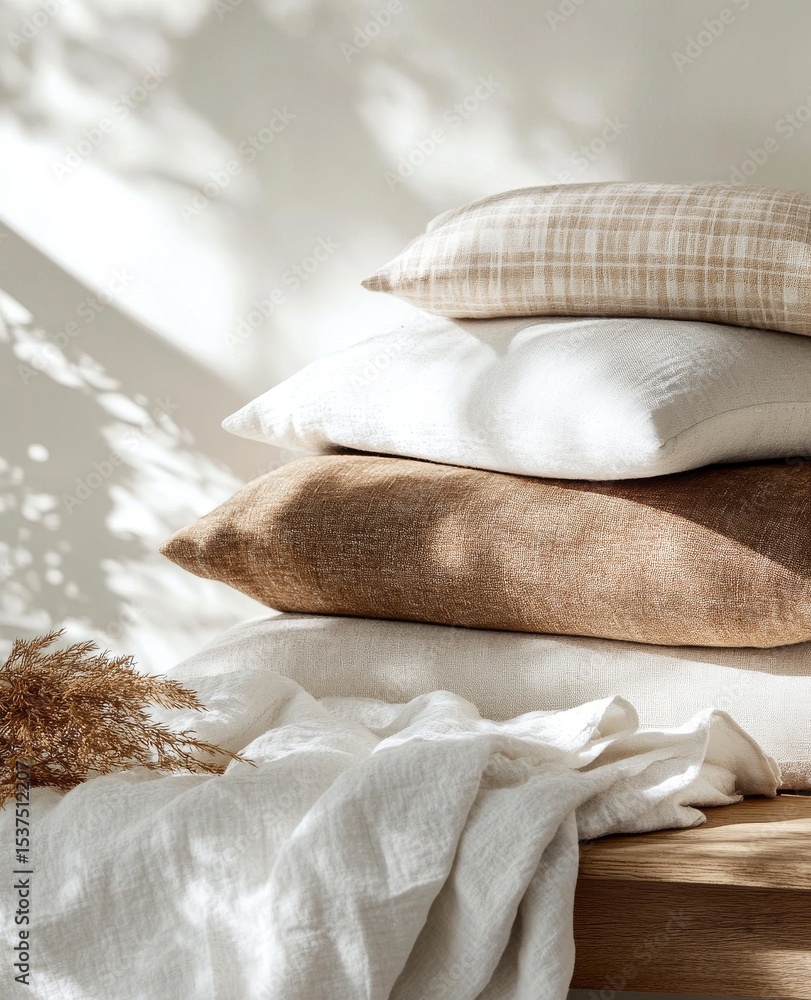 Poster decorative pillows arranged on a wooden surface with soft shadows creating a cozy atmosphere