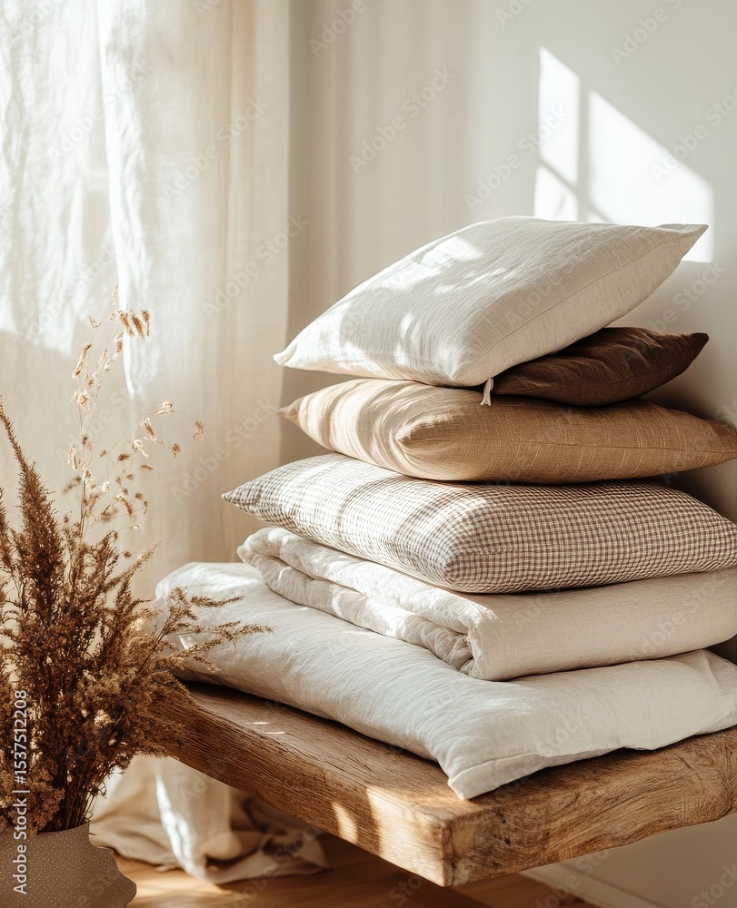 Poster decorative pillows arranged on a wooden surface with soft shadows creating a cozy atmosphere.