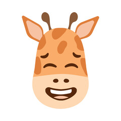 Funny embarrassed Giraffe Face with closed eyes and big smile. Exotic spotted Animal Head Shy emoji for avatars. African fauna. Cartoon color image for kids. Flat design. Isolated. Vector illustration