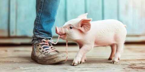 An adorable little piglet joyfully playing with a shoe in a sunny outdoor setting