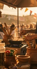 Fototapeta premium Chef preparing traditional dish at open-air festival kitchen 