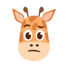 Puzzled funny Giraffe Face. Exotic spotted Animal head Thinking emoji style for avatars. African cute fauna Doubting. Cartoon color image for kids and zoo. Flat design. Isolated. Vector illustration