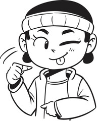 Flirty Chinese Girl Winking and Pointing Finger Guns in Cyberpunk Outfit – Futuristic Character Line Art Illustration

