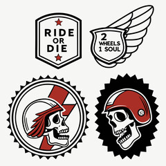 Obraz premium Motorcycle Club Emblems: Vintage motorcycle club emblems featuring skulls, wings, and mottoes, exuding a retro and edgy spirit of freedom and rebellion.