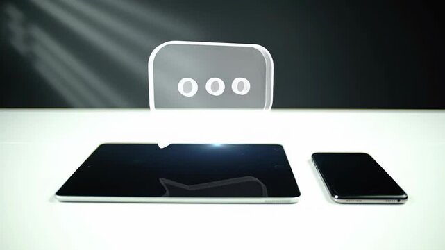 Tablet and smartphone laying on white desk. Transparent display showing digital content for business or tech concept footage.