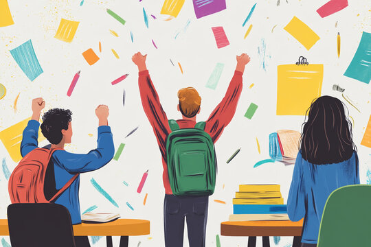 A joyful teacher celebrating a student's success in a classroom environment filled with pride