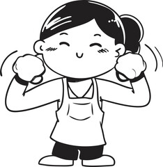 Playful Chinese Girl Holding Dumplings and Winking in Apron – Cute Kitchen Scene Line Art Illustration