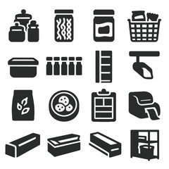 Pantry Icons Collection. Solid style icons of pantry: glass canisters with lids, pasta jar, powdered drink container, wire basket