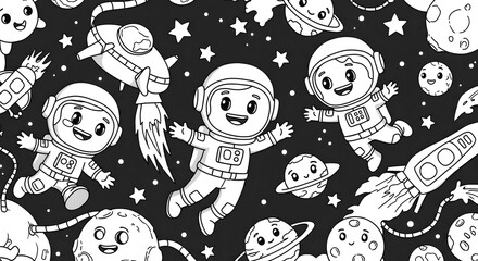 Naklejka premium Cosmic Kids Playful Astronauts and Planets Coloring Page