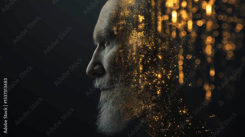 Aufkleber side profile of an elderly man with a digital overlay symbolizing memory, data, or artificial intell