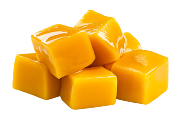 Single ripe mango cut cubes isolated on plain white background tropical fruit image ideal for smoothie ads packaging and exotic food marketing