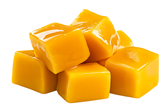 Single ripe mango cut cubes isolated on plain white background tropical fruit image ideal for smoothie ads packaging and exotic food marketing