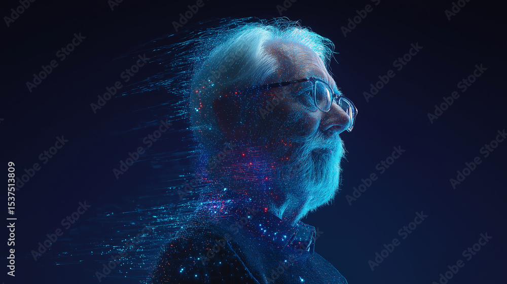 Poster side profile of an elderly man with a digital overlay symbolizing memory, data, or artificial intell