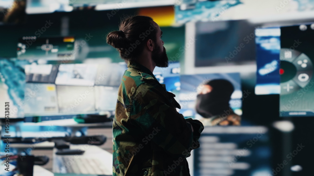 Poster young soldier working in command center with satellite surveillance integrating data, intelligence a