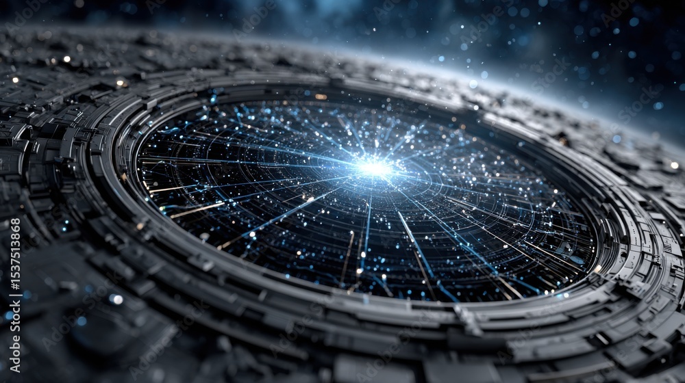 Poster a massive circular cosmic structure displays intricate mechanical designs, emanating bright light at
