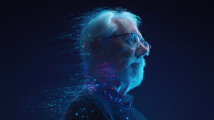 Side profile of an elderly man with a digital overlay symbolizing memory, data, or artificial intelligence.
