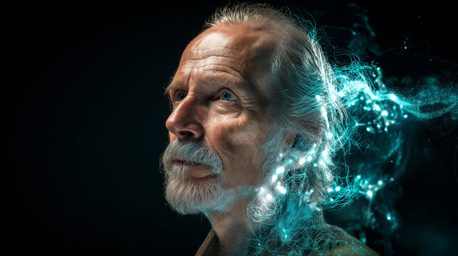 Side profile of an elderly man with a digital overlay symbolizing memory, data, or artificial intelligence.
