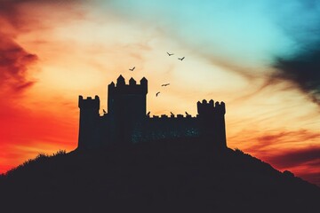 Obraz premium Silhouette of a castle on a hill at sunset with birds flying in the sky, against a dramatic sky in colorful.