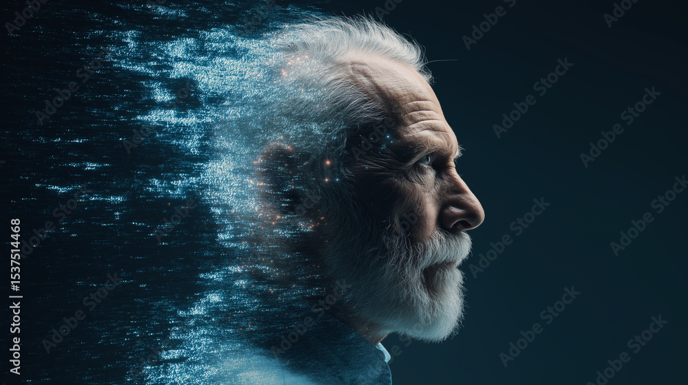 Poster side profile of an elderly man with a digital overlay symbolizing memory, data, or artificial intell