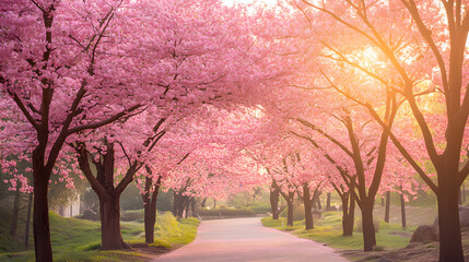 Sakura trees in full bloom in a city park, soft natural light enhancing the pink flowers,
