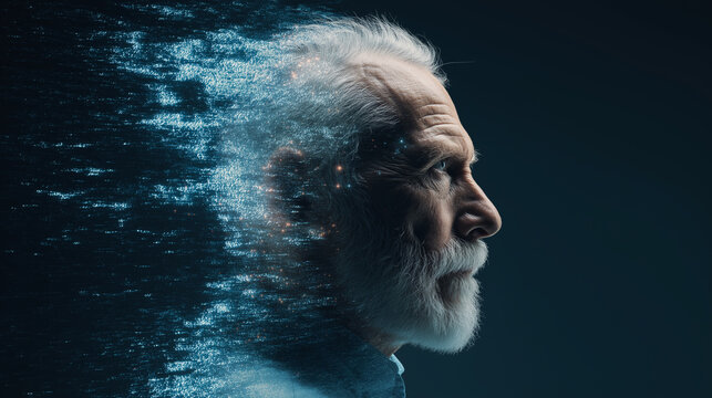 Side profile of an elderly man with a digital overlay symbolizing memory, data, or artificial intelligence.
