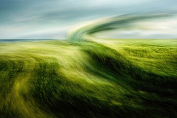 Obraz premium Abstract long exposure shot of a green grassy field meeting a calm ocean under a cloudy sky, creating a surreal landscape.