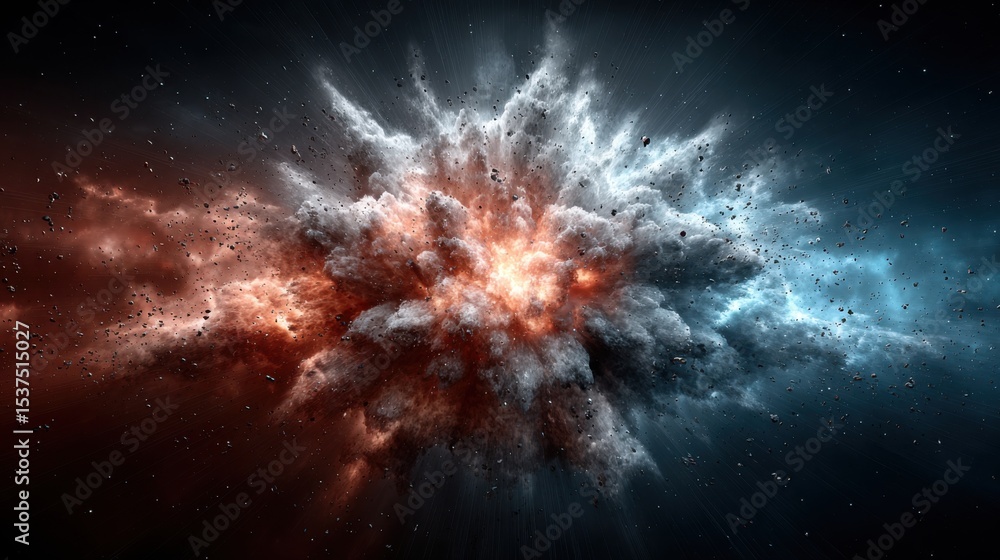 Poster an explosion occurs in the vastness of space, creating a stunning display of red and blue colors. du