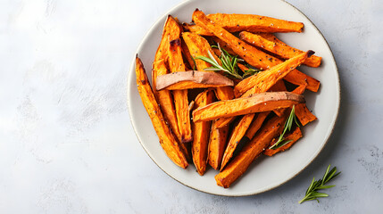 Plate of vegan sweet potato fries bright background clean layout copy space
