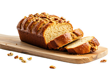 Sliced loaf of banana bread nuts plain white background baked goods image perfect for cafe menus and bakery advertising