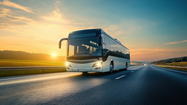 Tour Bus Driving Along an Interstate Highway at Sunrise