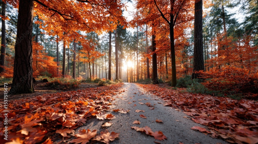 Poster a serene forest path appears, illuminated by the soft glow of sunlight breaking through the trees. v