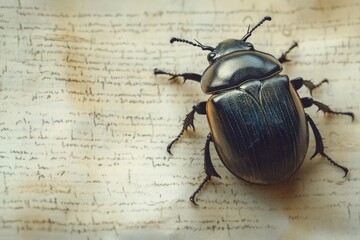 Shiny black beetle walking across an old, off-white piece of parchment covered in faded, handwritten text.