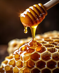 Honey dripping from a dipper onto honeycomb in warm, golden light.