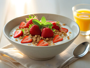 Breakfast bowl filled with creamy strawberry yogurt topped with whole ripe strawberries, a sprinkle of granola