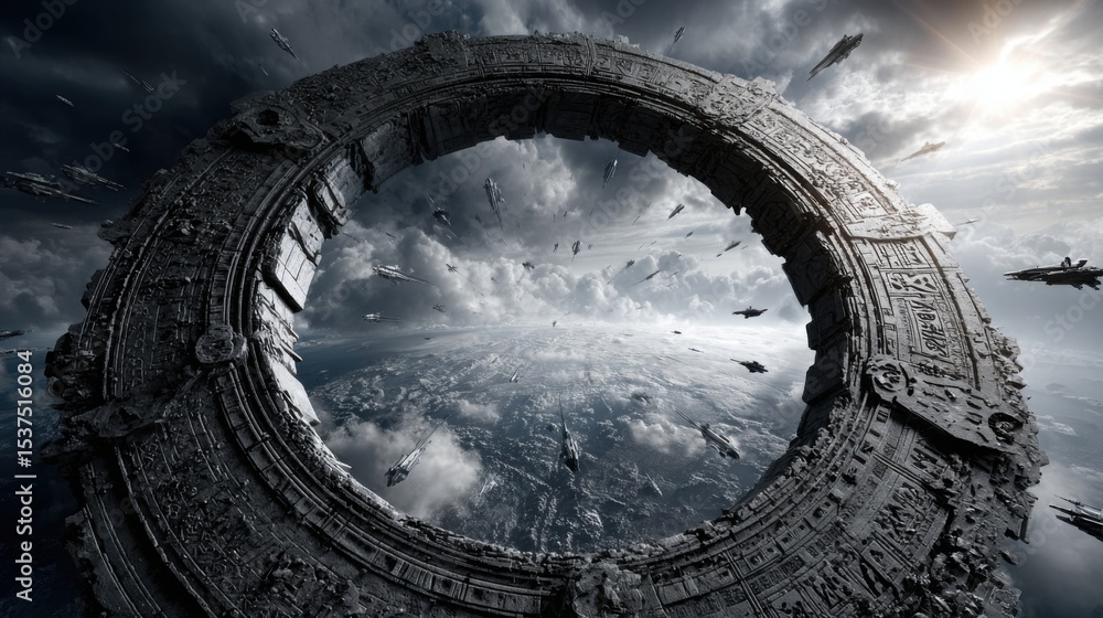 Poster a colossal circular portal floats in space, surrounded by various spacecraft. the view captures a pl