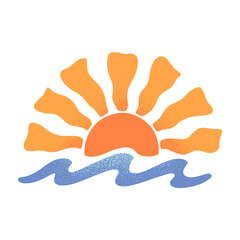 Summer beach,surf club emblem.Hand drawn ocean or sea waves with sun.Modern graphic in naive simple style for banners,smm,branding,packaging, covers,prints.Retro summer vacation aesthetic