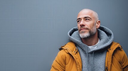 Fototapeta premium Contemplative Man in Casual Winter Attire Against a Gray Background
