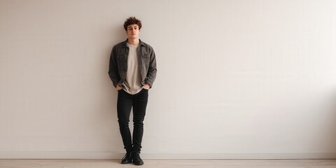Casual Young Man Leaning Against a Wall in a Minimalist Interior Setting