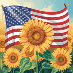 American flag and sunflowers representing patriotism freedom and national pride in summer