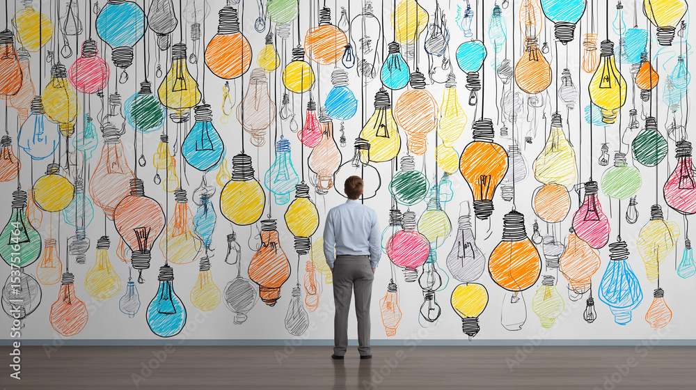 Poster man looking at glowing light bulbs and idea sketches drawn on a blackboard representing creativity a