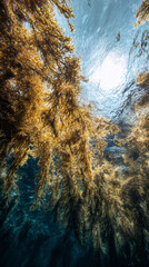 Underwater view of massive sargassum seaweed invasion in Caribbean waters with dense brown algae blocking sunlight creating environmental crisis
