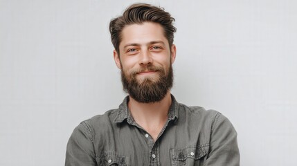 Obraz premium Confident Young Man with Beard Smiling Against a Neutral Background