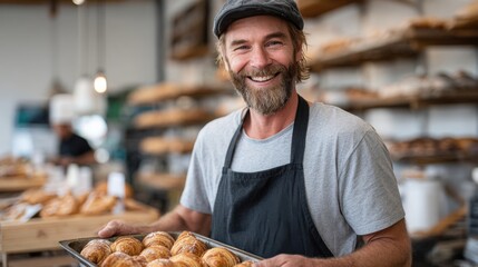 Warm atmosphere in a local bakery where a cheerful baker presents a tray of golden pastries. Customers enjoy the inviting environment and delicious aromas.