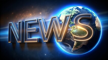 Shiny digital planet Earth with bright NEWS text over metallic futuristic background in blue and violet for news graphics or headlines