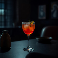 Refreshing cocktail in elegant glass on dark table in lounge setting  