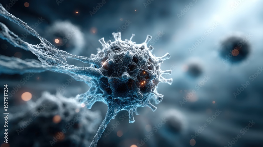 Poster a close-up representation illustrates a virus cell with intricate surface details, floating among ot