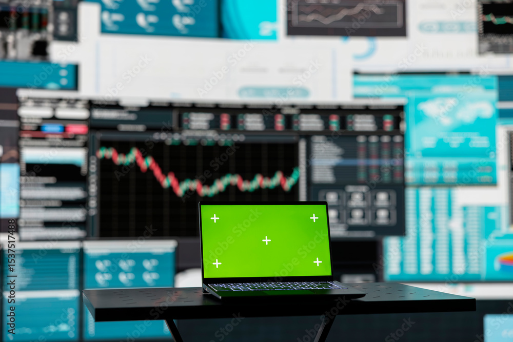 Poster in a business related space, laptop display shows green screen to help with strategy planning with f