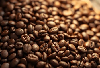 Fototapeta premium Close-up of roasted coffee beans, rich brown hues, background, detail