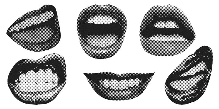 Halftone collage lips gesture set, Dotted modern retro urban pop art style. Cutout grunge grainy clipping shapes.